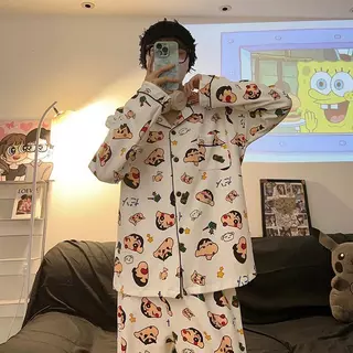 Pijamas de desenho animado masculino primavera outono puro algodão calças de manga comprida juventude solta Loungewear 2 em Oferta na Shopee