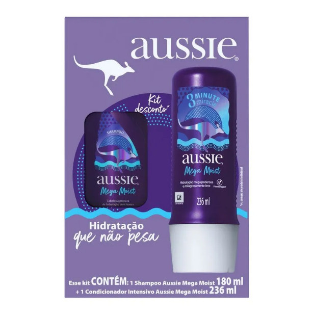 Kit Aussie Mega Moist Shampoo 180ml + Condicionador Intensivo 3 Minute ...