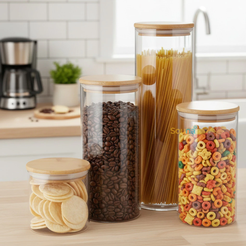 Potes herméticos de vidro com mantimentos organizados