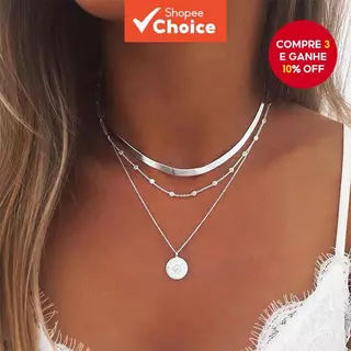 Corrente de Cobra Plana com Pingente de Disco de Moeda em Três Camadas para Mulheres - Acessórios de Joias em Oferta na Shopee