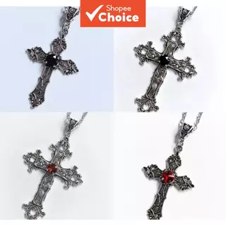 Colar Com Pingente De Cruz Gótica , Cor Prata Zircônia Cúbica Vermelha , Joias Punk Rock