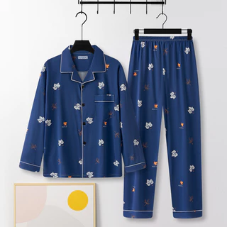 Pijama masculino de imitação de algodão de alta qualidade, manga comprida, primavera, outono, idade, Casual, médio-idoso em Oferta na Shopee