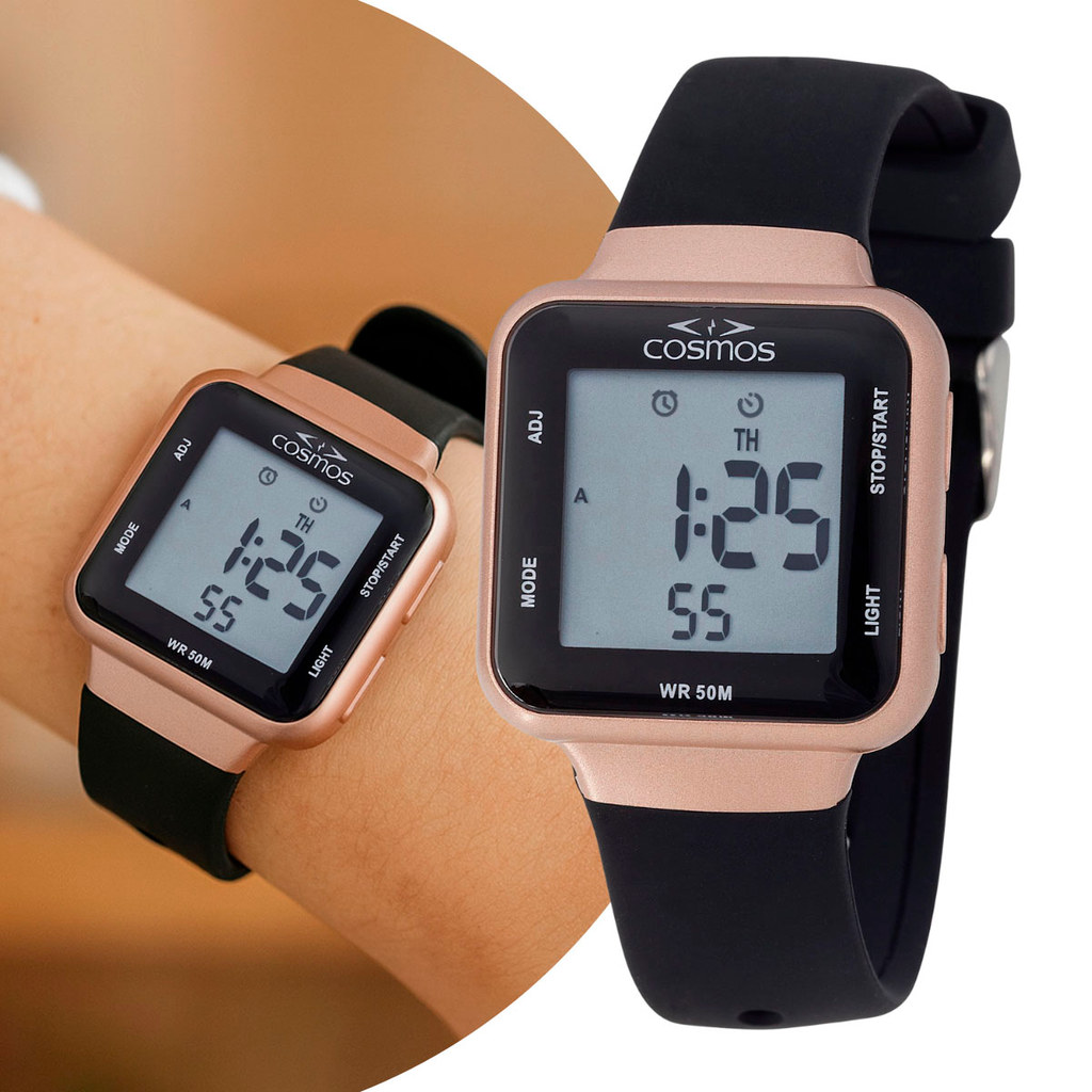 Relógio Feminino Digital de Pulso Quadrado Preto e Rosé com Pulseira de ...