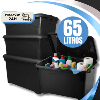 Kit 04 Caixa Organizadora 65 Litros Preta Resistente Com Travas e Rodinhas em Oferta na Shopee