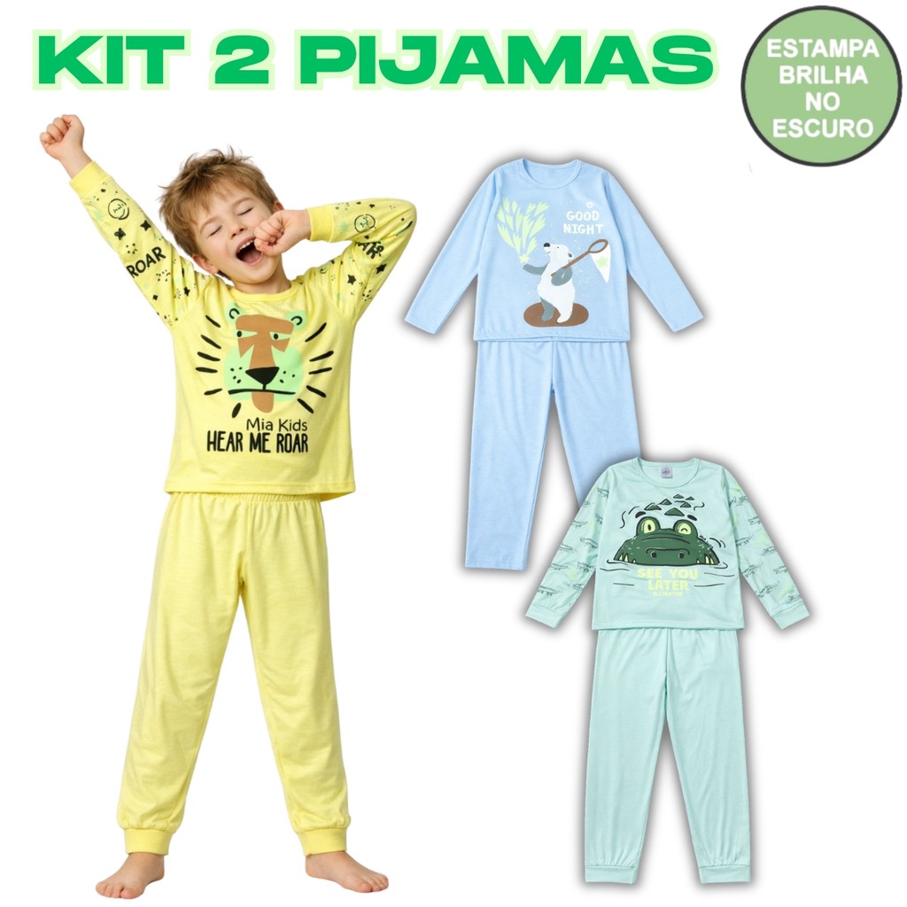 Kit 2 Pijamas Brilha no Escuro Manga Longa Menino Infantil Estampa Brilhante Inverno Malha Levinha em Oferta na Shopee