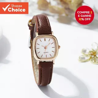 Relógio De Quartzo Feminino Com Rosto Quadrado , Preto , Marrom , Pulseira De Couro , Mostrador Pequeno , Para Uso Diári em Oferta na Shopee