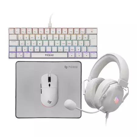 Combo Gamer Pichau Netuno V2 4x1 Teclado Mecânico ABNT2 Mouse 4200DPI Mousepad Headset 50mm Branco