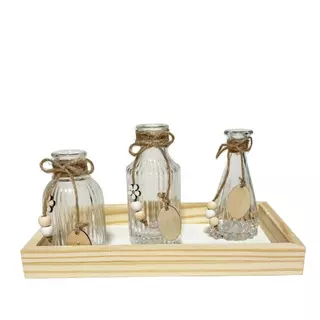 Centro de Mesa  Boho 2 Vasos de Vidro e Bandeja de Pinus em Oferta na Shopee