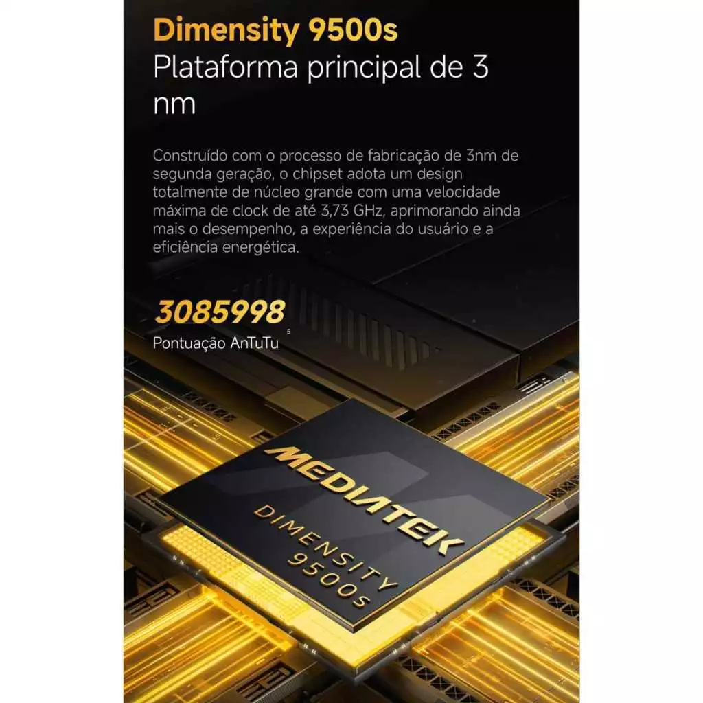 Infográfico técnico do processador MediaTek Dimensity 9500s de 3nm montado em uma placa de circuito com detalhes dourados brilhantes.