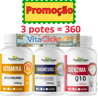 KIT 3 POTES = 01 Pote de Vitamina B12 Metilcobalamina 500mg / 01 Pote de 5 Magnésios 500mg / 01 Pote de Coenzima Q10