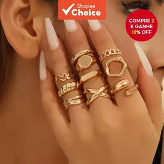 Conjunto de 10 Peças Dourado com Design Geométrico em Formato de Arco para Mulheres – Anéis Ajustáveis para em Oferta na Shopee