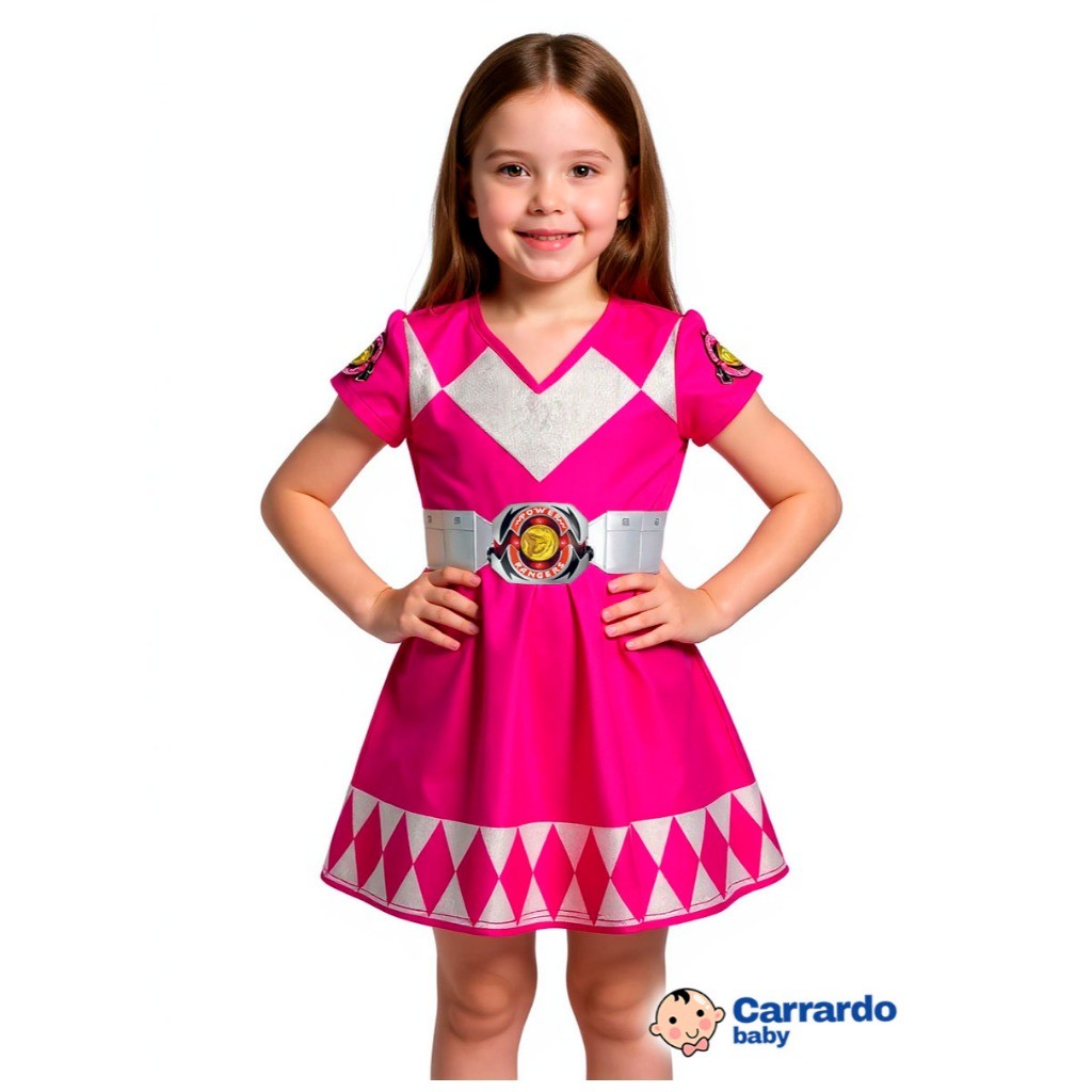 Fantasia Power Ranger Rosa Infantil Vestido Cinto Menina Cosplay Festa ...