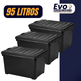 Kit 3 Unidades Caixa Organizadora 95 Litros Preta Com Rodinhas e Trava Para Transporte HeavyBox em Oferta na Shopee