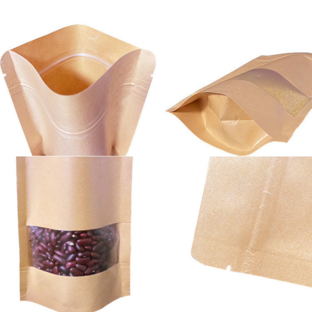 100 saco Stand-Up de papel Kraft fosco, com janelas, adesivo
