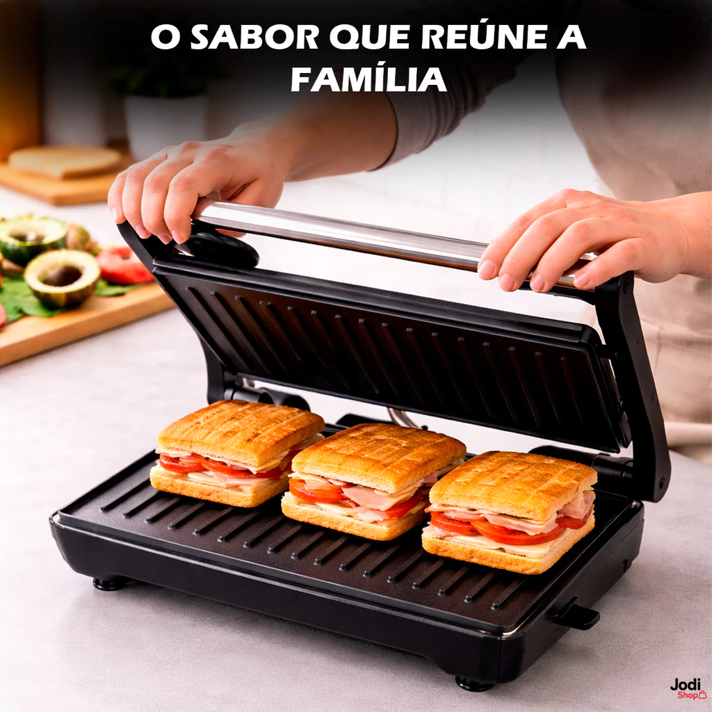 Mini Grill Grelha Sanduicheira Inox 750W Antiderrapante Alça Led Indicador