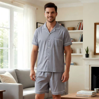 Pijama Masculino Curto Verão com Botões | Manga Curta + Bermuda | Leve e Fresco em Oferta na Shopee