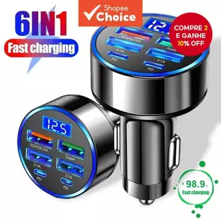 Carregador de Carro USB Tipo C 6 Portas Carregamento Super Rápido para Celular com Detecção de Voltagem e Display em Oferta na Shopee