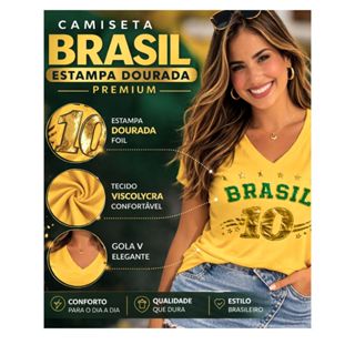Blusa Brasil Feminina Estilosa Camiseta Decote V Tendência Copa Tecido Viscolycra M ao G2Pluz size em Oferta na Shopee