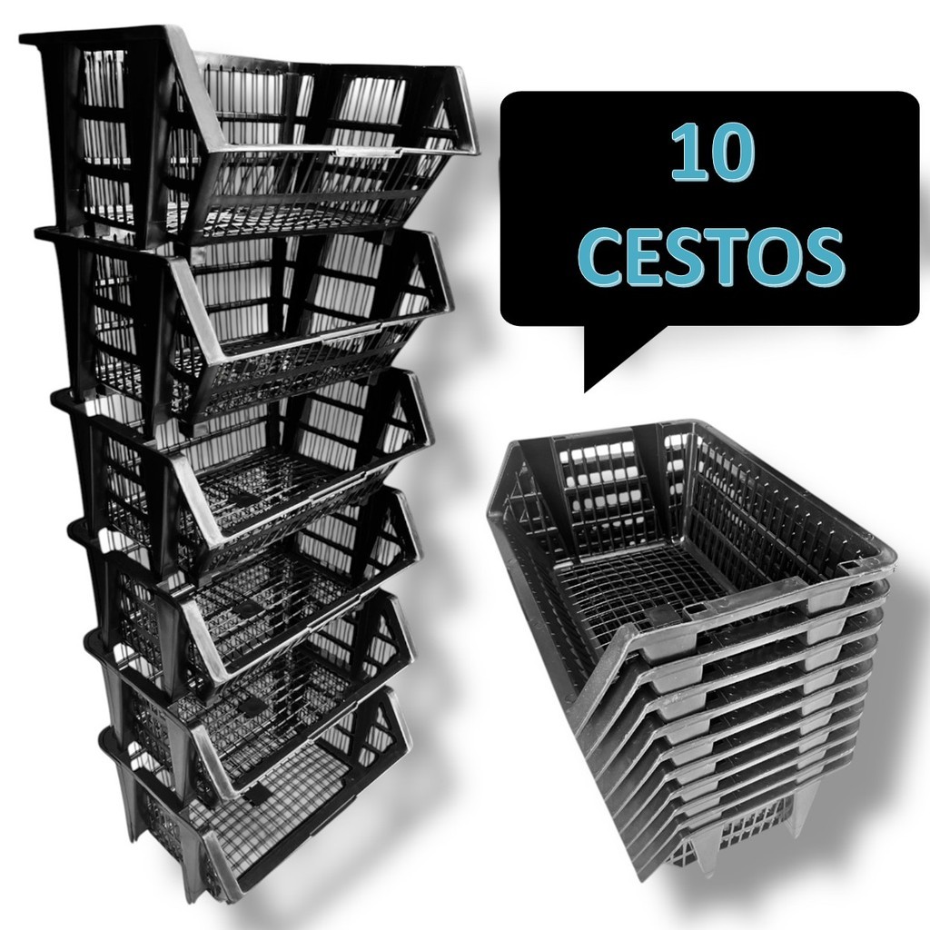 10 Cesto Empilhavel Expositor Organizador Preto Encaixavel