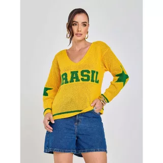 Blusa Torcedores Tricot Crochê Brasil Manga Longa Brazilcore Decote V Carnaval Seleção Fashion Esportiva Premium em Oferta na Shopee