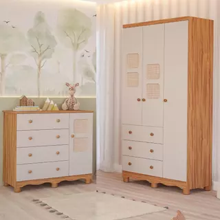 Quarto de Bebê Completo Guarda Roupas 3 Portas Cômoda 1 Porta Telinha Off White 100%MDF em Oferta na Shopee