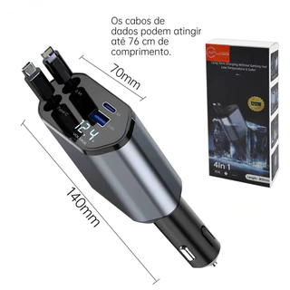 Carregador Veicular 4 em 1 Retrátil 120W c/ Display de Voltagem – USB + USB-C + Type-C + iPhone (12V/24V) 180° anjgg