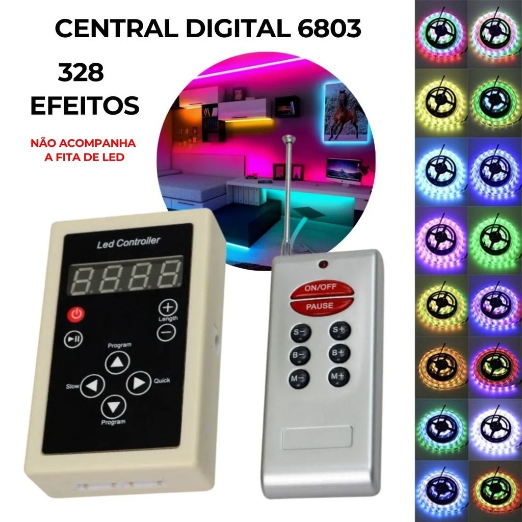 Controlador Para Fita LED Digital 6803 RGB 12V Com Controle 328 Efeitos ...