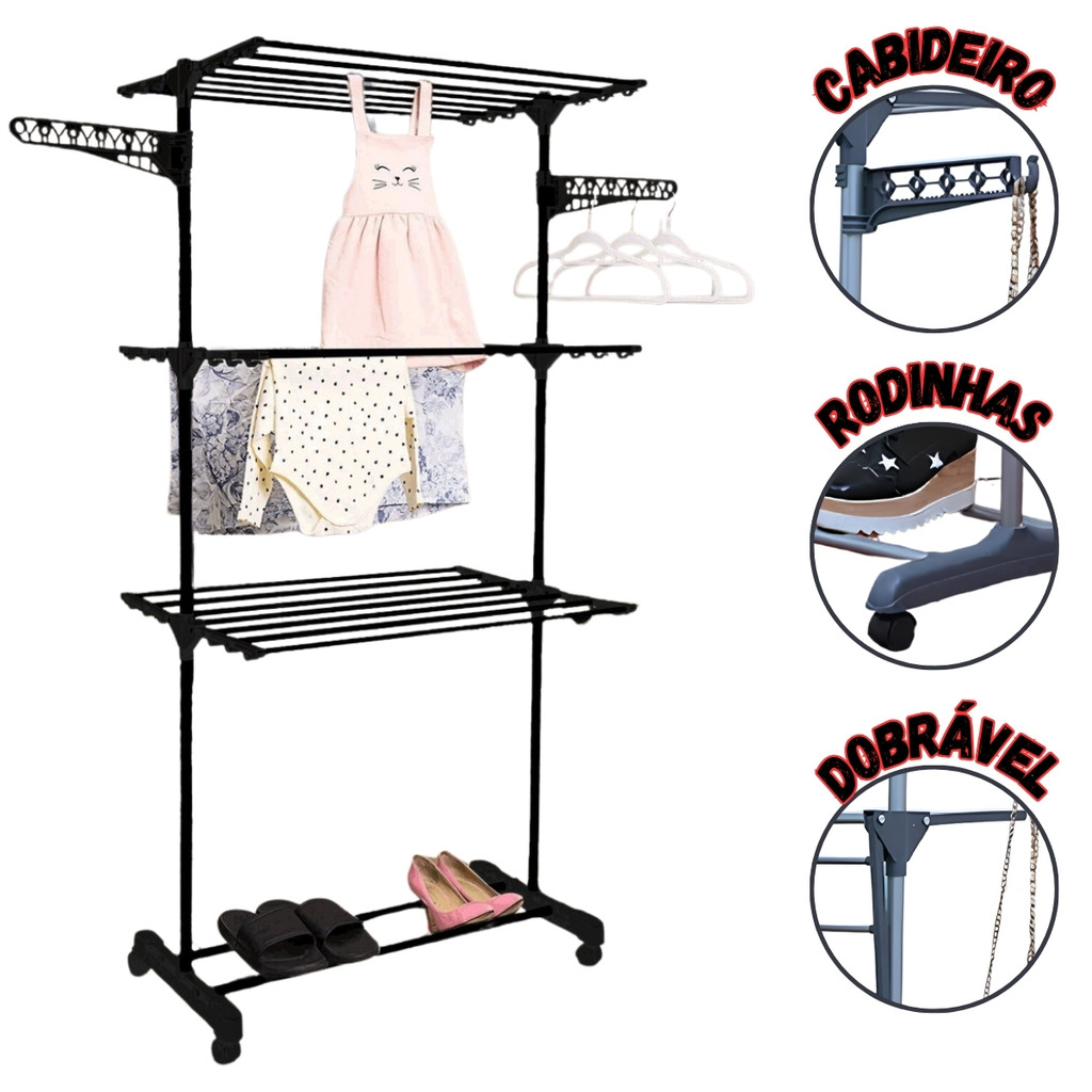 Varal Dobrável 3 Andares com Rodinhas | Metal Reforçado | Suporta 20kg | Envio imediato