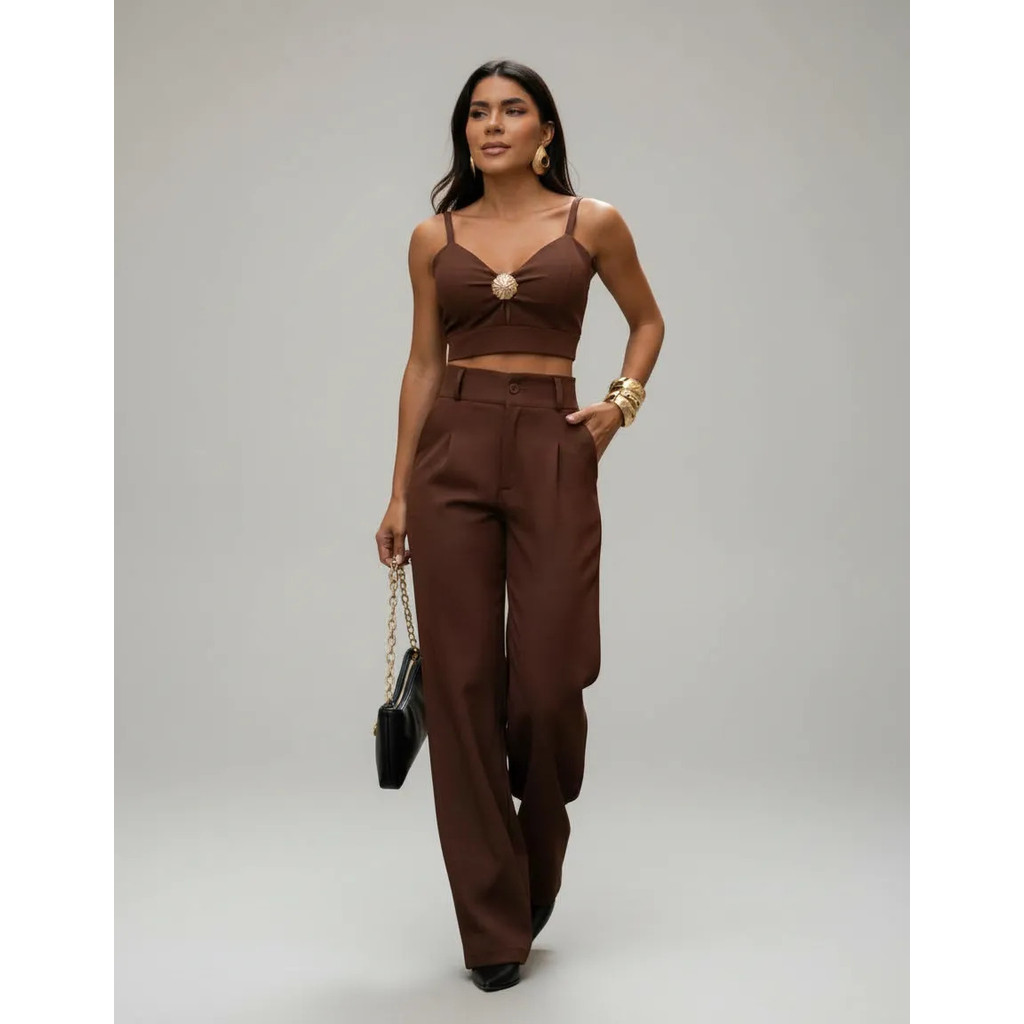 Conjunto Carol Alfaiataria Twid Top Decote Calça Pantalona | Shopee Brasil