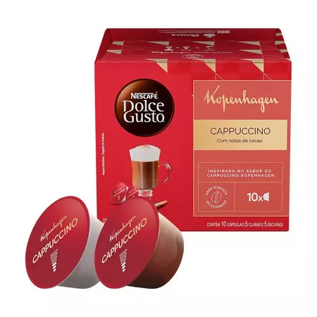 Embalagem do Cappuccino Kopenhagen Dolce Gusto com duas cápsulas à frente
