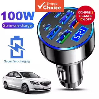 Carregador de Carro 100W 4USB PD Tipo C de Carregamento Rápido com Detecção Automática de Voltagem Multi-porta para em Oferta na Shopee