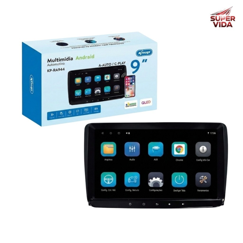 Knup Central Multimídia Automotiva 9 Polegadas IPS Android 14 2GB