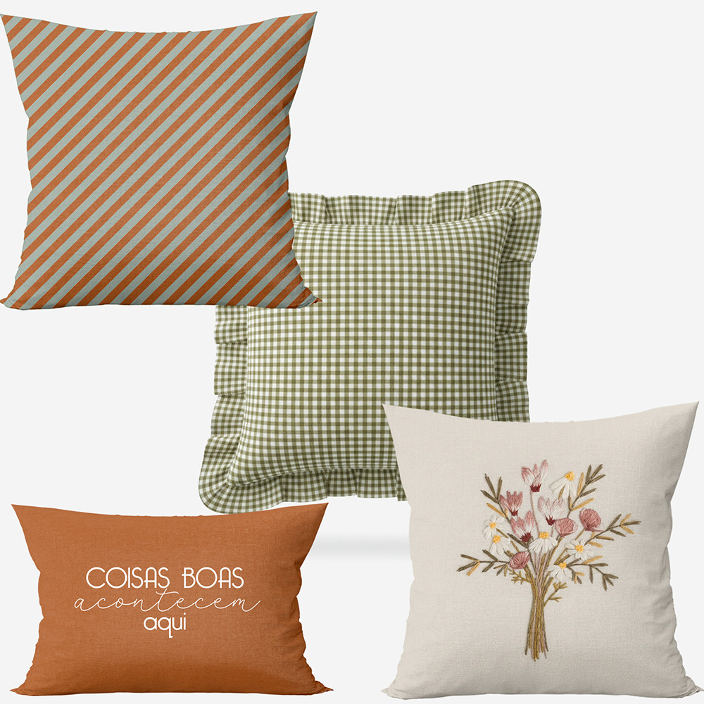 Kit 4 Capas de Almofadas Farmhouse Terracota & Verde com Bordado Floral ...
