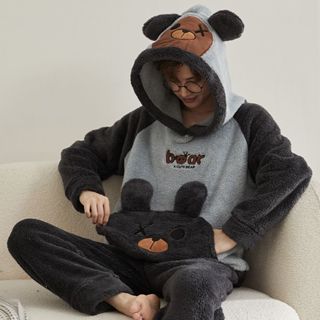 Loungewear masculino engrossado mais bacalhau velo pijamas conjunto de duas peças outono inverno quente juventude flanel em Oferta na Shopee