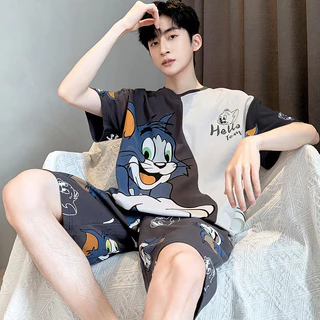 Pijama de gato e rato masculino verão Shorts de manga curta adolescente meninos Homewear terno de desenho animado2026011 em Oferta na Shopee