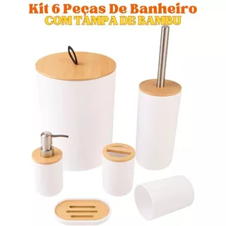 Kit 6 Peças De Banheiro Bambu Saboneteira Porta Escova Porta Sabonete Liquido Lixo Escova Sanitária em Oferta na Shopee