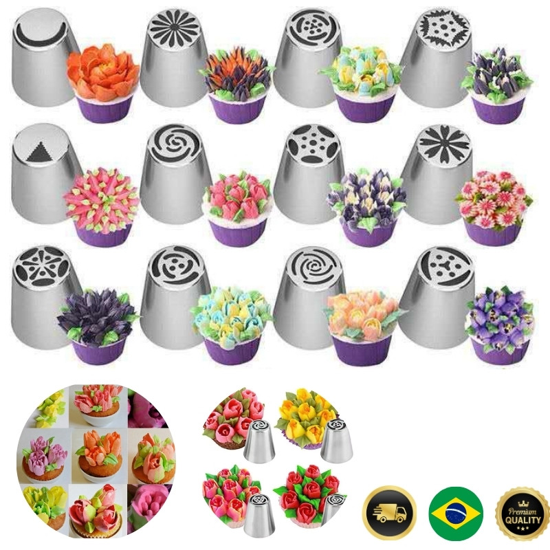 Kit Confeiteiro Profissional com 12 Bicos Russos em Inox – D