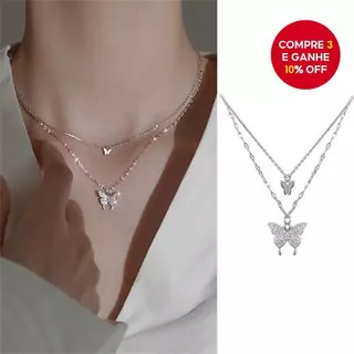 Colar Com Pingente De Borboleta De Camada Dupla Para Mulheres Corrente De Clavícula Elegante Strass Brilhante em Oferta na Shopee