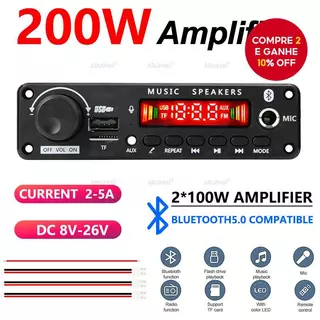 Placa Amplificadora Bluetooth 5.0 2*100W DC 8V-26V Áudio Estéreo com Display Remoto para Sistema de Alto-falantes DIY
