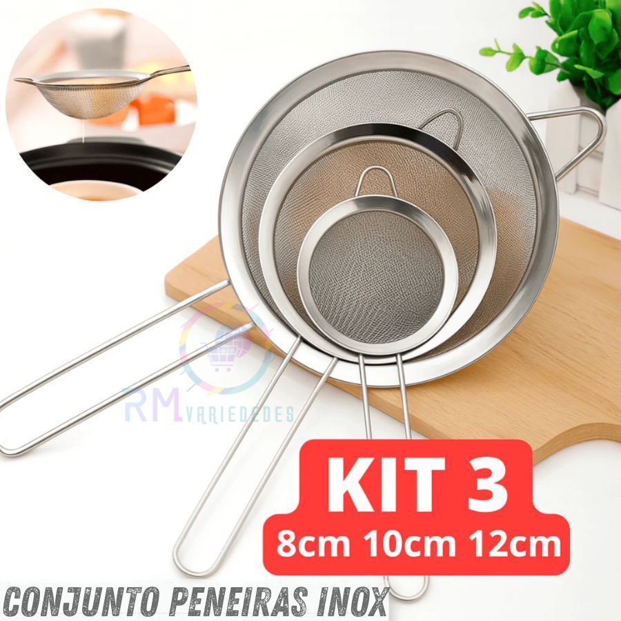 Peneira Inoxidável com 3 Peças 8, 10, 12 Peneira Coador Em A