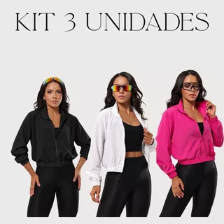 Kit 3 Jaquetas Corta Vento Treino Feminino Fitness Bomber Academia Esportiva Leve Secagem Rápido.