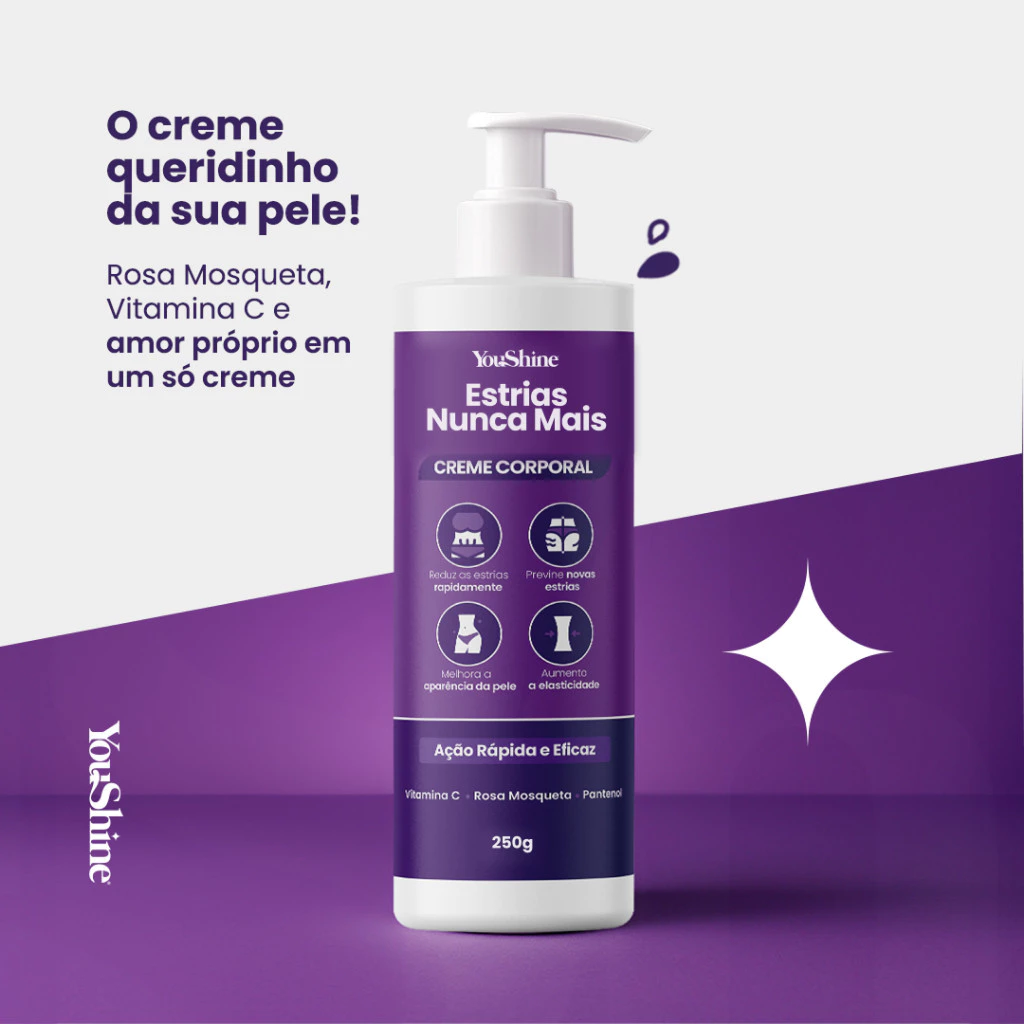 Frasco de creme corporal Estrias Nunca Mais da YouShine de 250g sobre fundo roxo