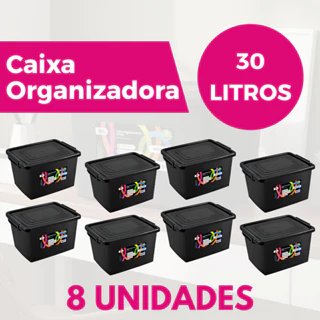 Kit Jogo 8 Caixas Organizadoras 30 Litros Com Tampa E Travas Preta Para Organização Armazenar em Oferta na Shopee