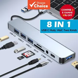 Porta USB Hub 8 Em 1 Leitor De Cartão SD Type C Para Estação De Acoplamento De Áudio De 3.5 Mm em Oferta na Shopee