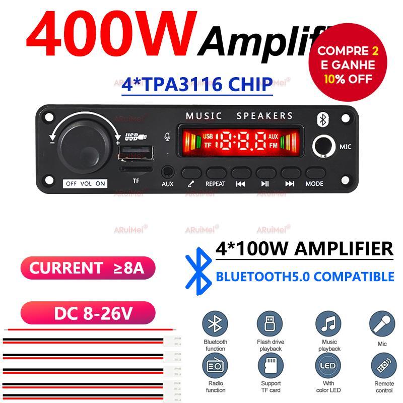  Placa amplificadora profissional 400W 4 canais Bluetooth 5.3 MP3 4*100W alta potência 8V-26V ampla tensão reprodução
