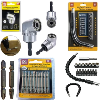 Kit Extensor Eixo Prolongador Parafusadeira + 10 Bits Ponteiras + Adaptador Ângular Cabo Flexível 25cm + 10 bits