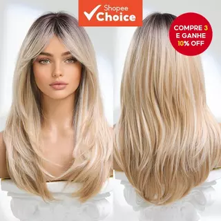 Peruca Longa Loira Ombre Com Franja Em Camadas De Cabelo Sintético Para Mulheres , Natural E Resistente Ao Calor em Oferta na Shopee