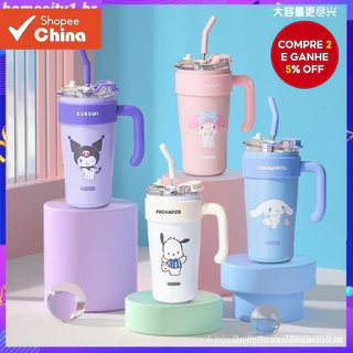 [Pronto] Garrafa Térmica Sanrio 850ml com Alça Kuromi Cinnamoroll Garrafa Isolada com Canudo Caneca de Grande Capacidade
