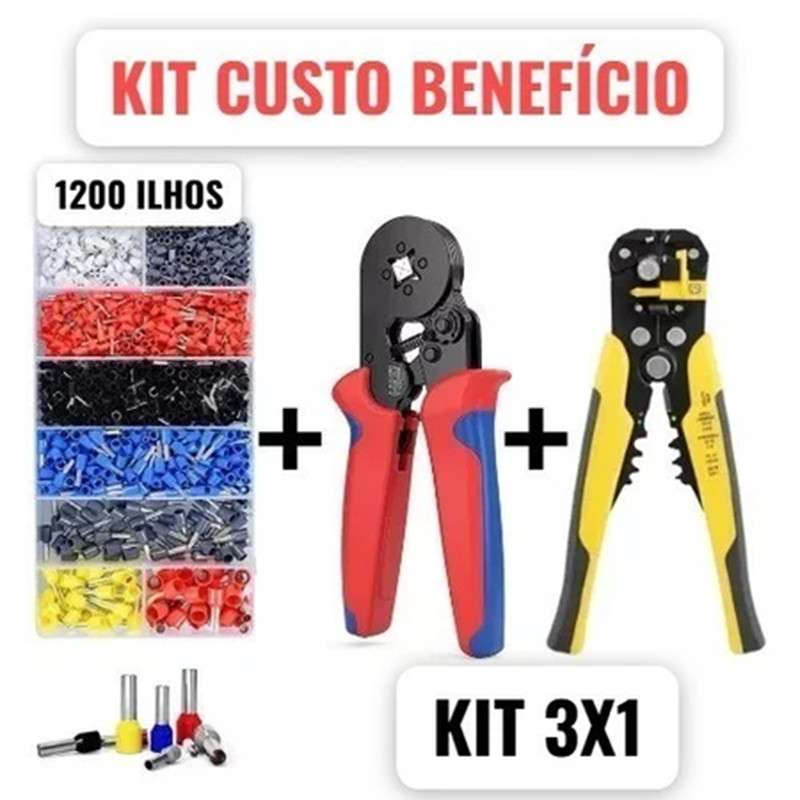 Alicate Crimpar + 1200 Terminais Ilhos + Descascador 0,25 Até 10mm²