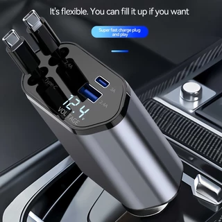 Carregador Veicular 4 em 1 Retrátil USB Tipo C iPhone Android Carga Rápida Carro com Cabo Integrado